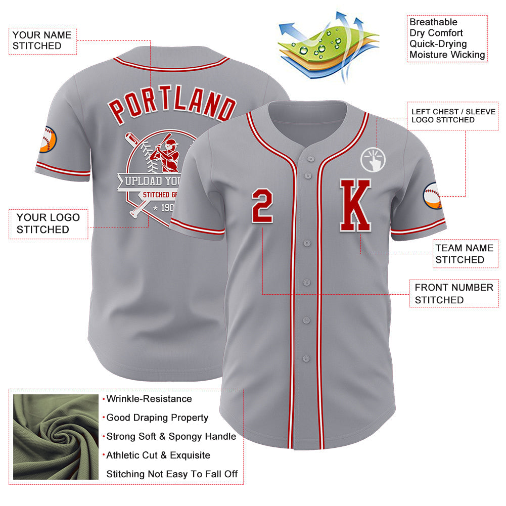 Custom Gray Red-White Authentic Baseball Jersey view 6