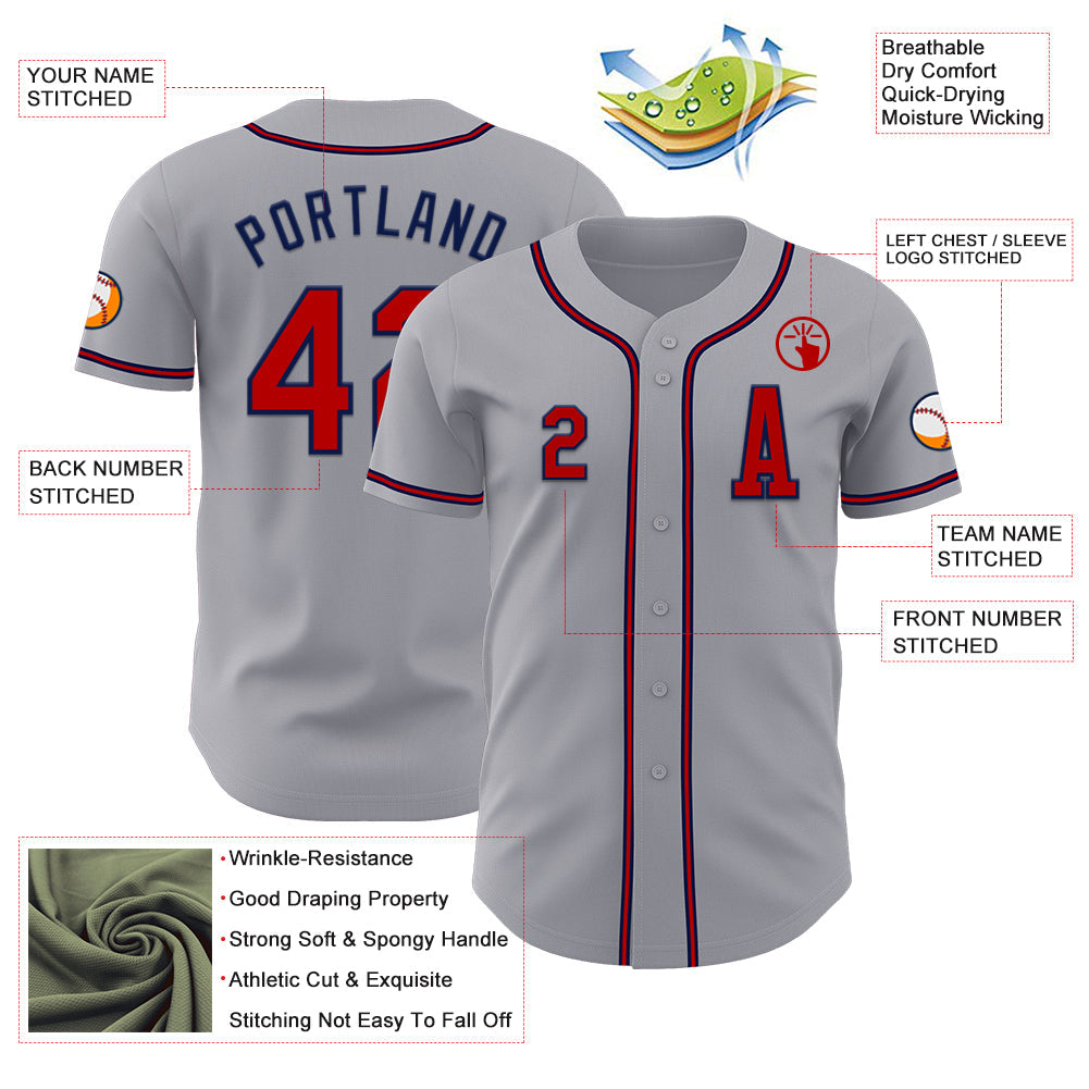 Custom Gray Red-Navy Authentic Baseball Jersey view 2