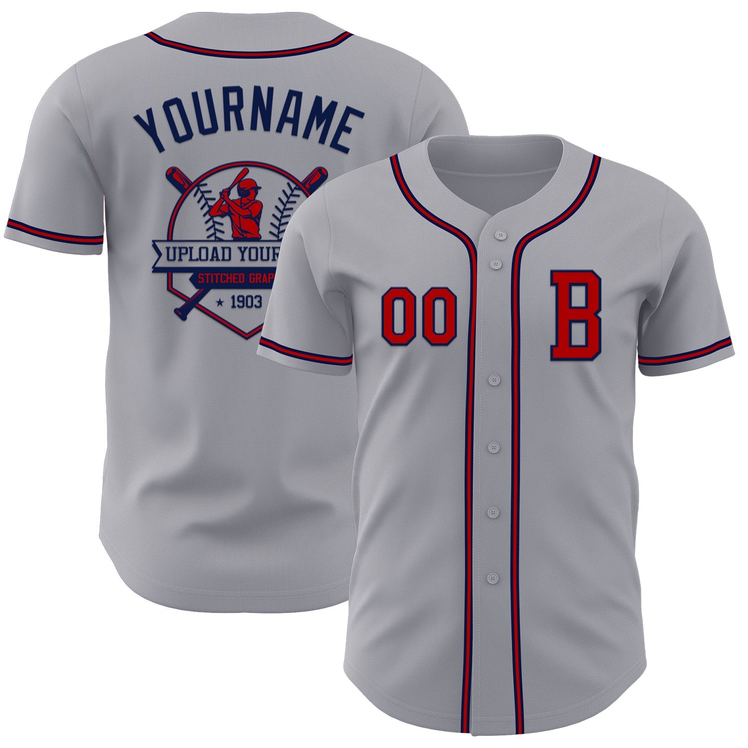 Custom Gray Red-Navy Authentic Baseball Jersey view 5
