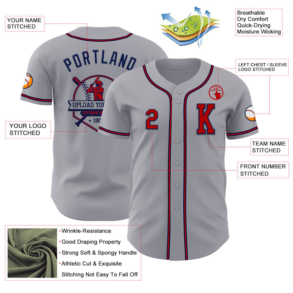 Custom Gray Red-Navy Authentic Baseball Jersey view 6