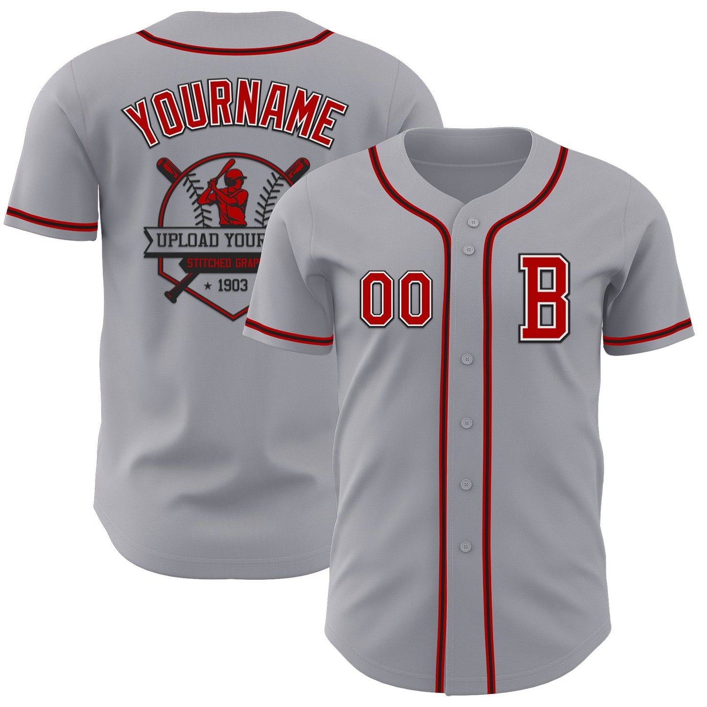 Custom Gray Red-Black Authentic Baseball Jersey view 5