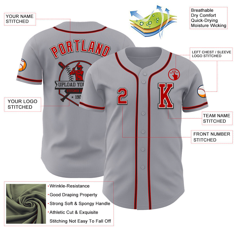 Custom Gray Red-Black Authentic Baseball Jersey view 6