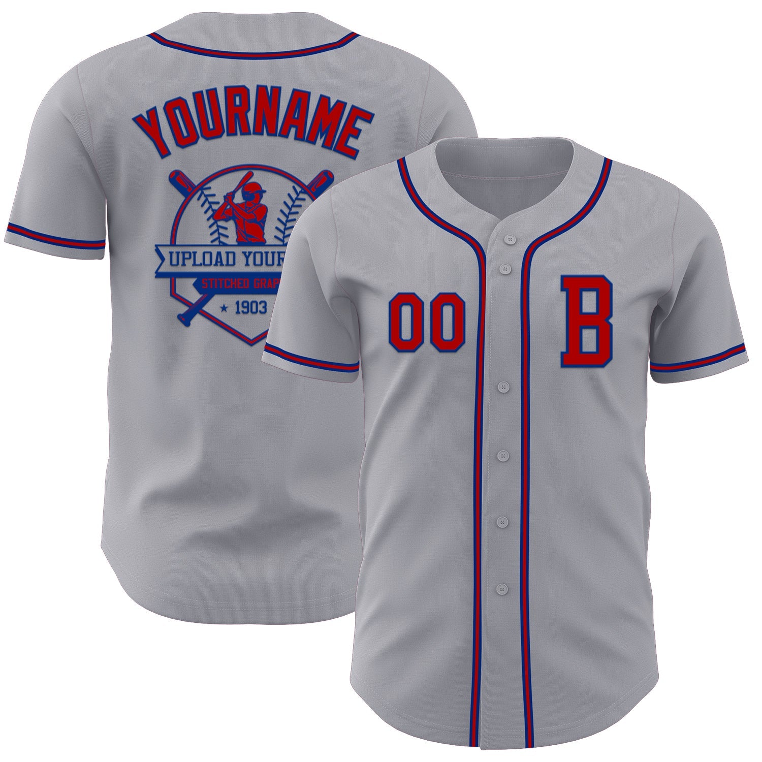 Custom Gray Red-Royal Authentic Baseball Jersey view 5
