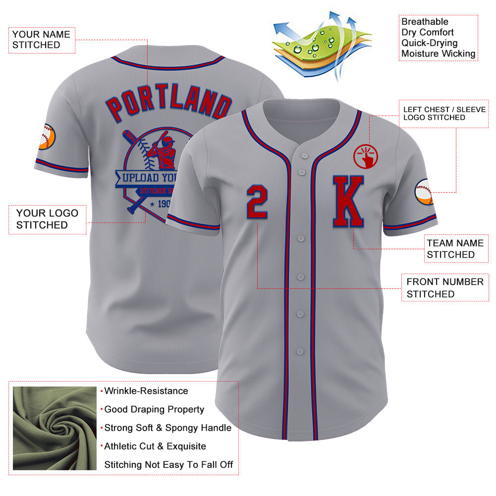 Custom Gray Red-Royal Authentic Baseball Jersey view 6