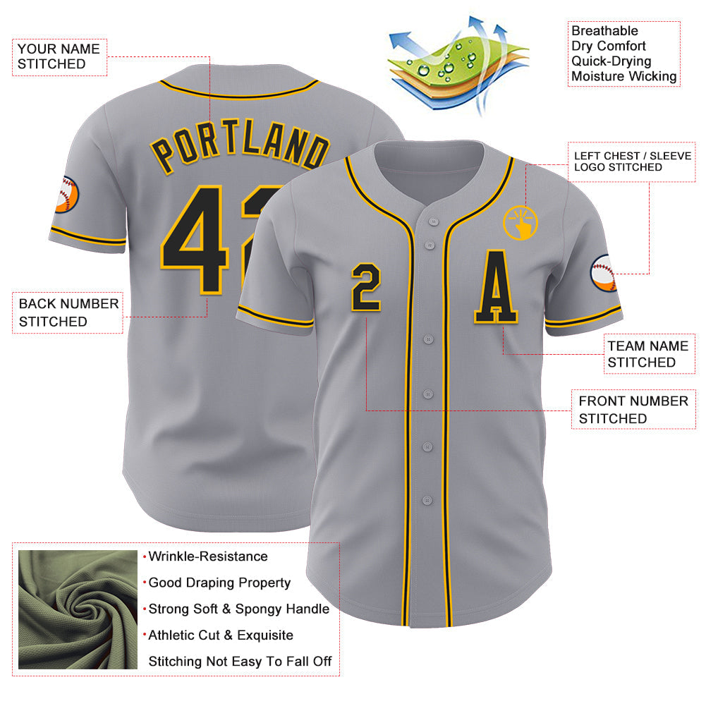 Custom Gray Black-Gold Authentic Baseball Jersey view 2