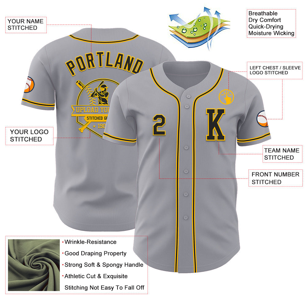 Custom Gray Black-Gold Authentic Baseball Jersey view 6