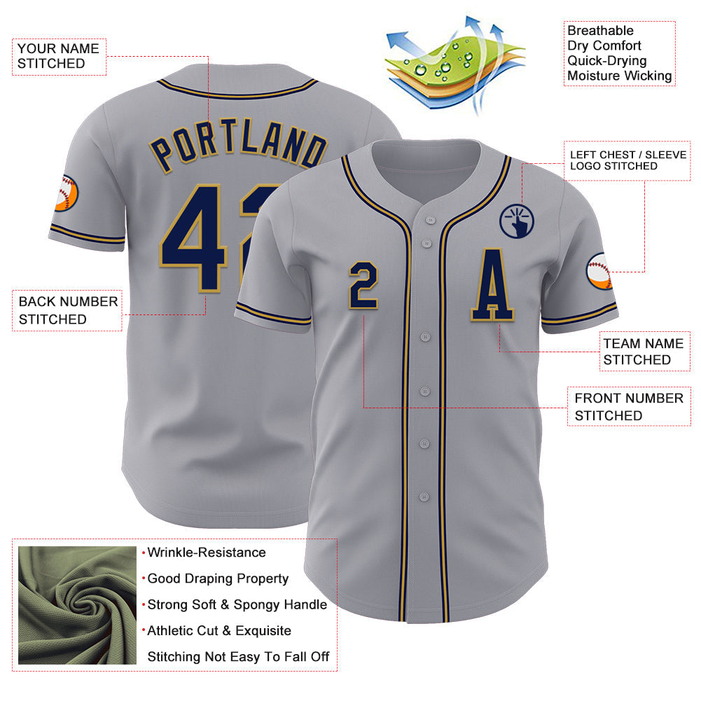 Custom Gray Navy-Old Gold Authentic Baseball Jersey view 2