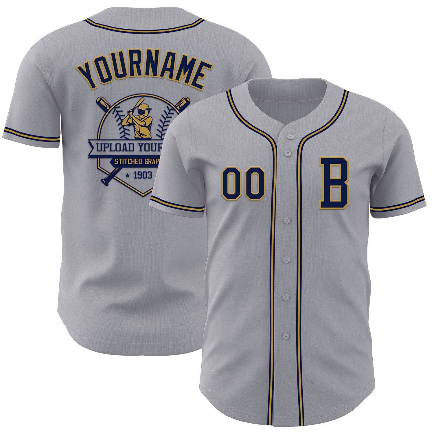 Custom Gray Navy-Old Gold Authentic Baseball Jersey view 5