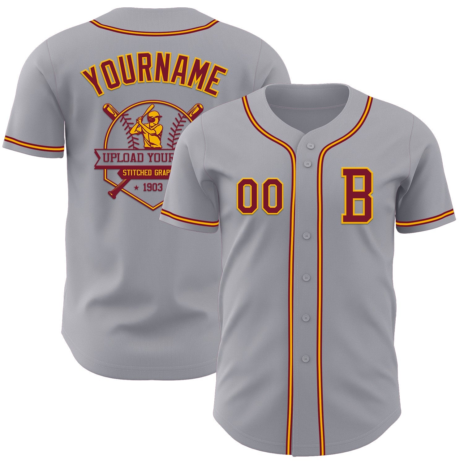 Custom Gray Crimson-Gold Authentic Baseball Jersey view 5
