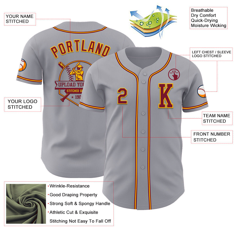 Custom Gray Crimson-Gold Authentic Baseball Jersey view 6