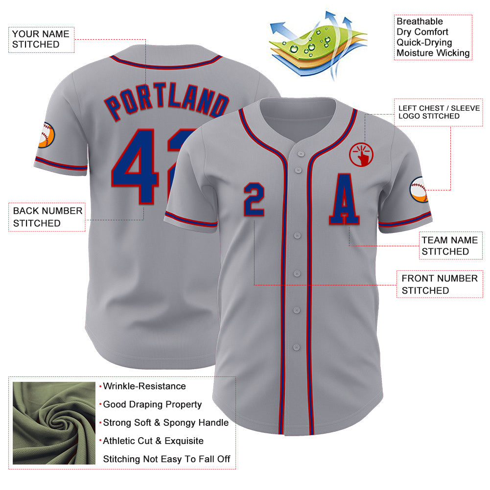 Custom Gray Royal-Red Authentic Baseball Jersey view 2