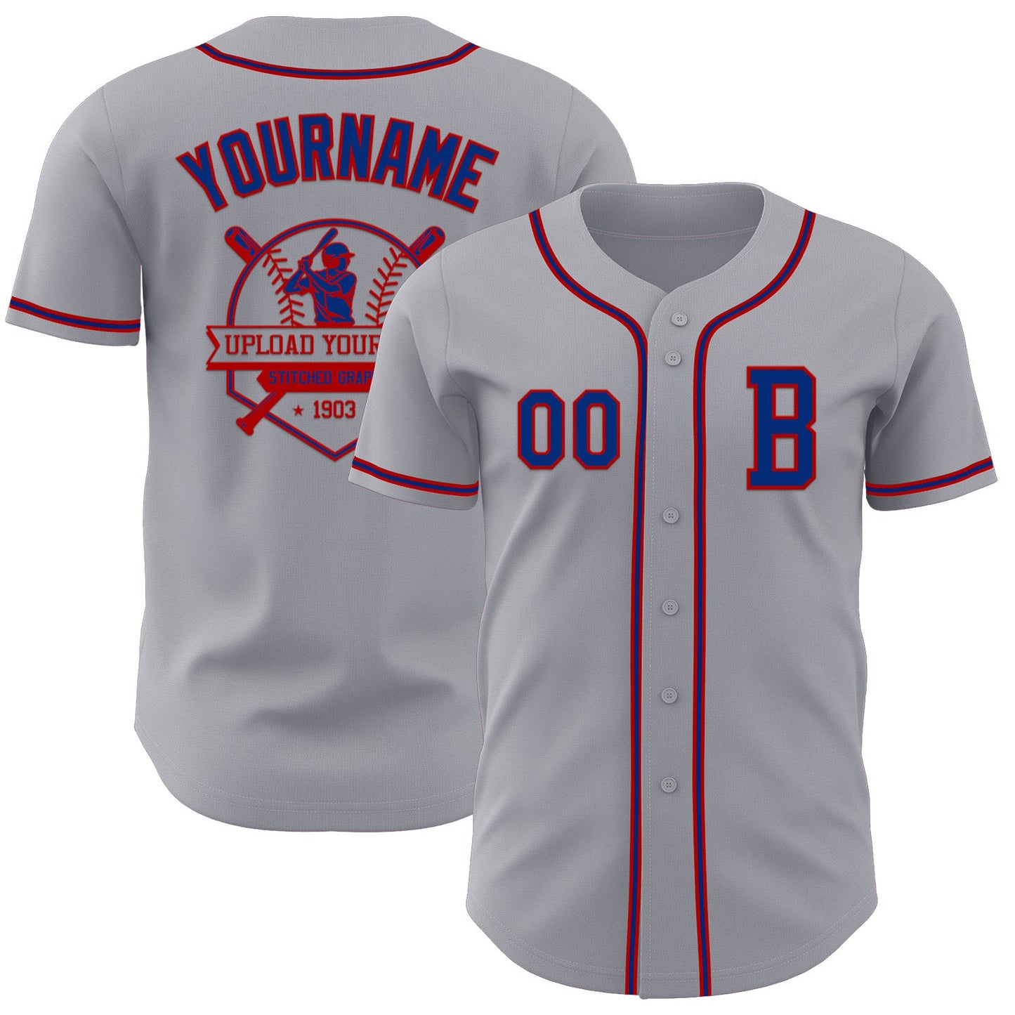 Custom Gray Royal-Red Authentic Baseball Jersey view 5