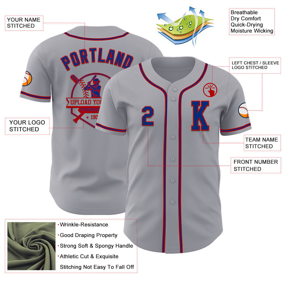 Custom Gray Royal-Red Authentic Baseball Jersey view 6