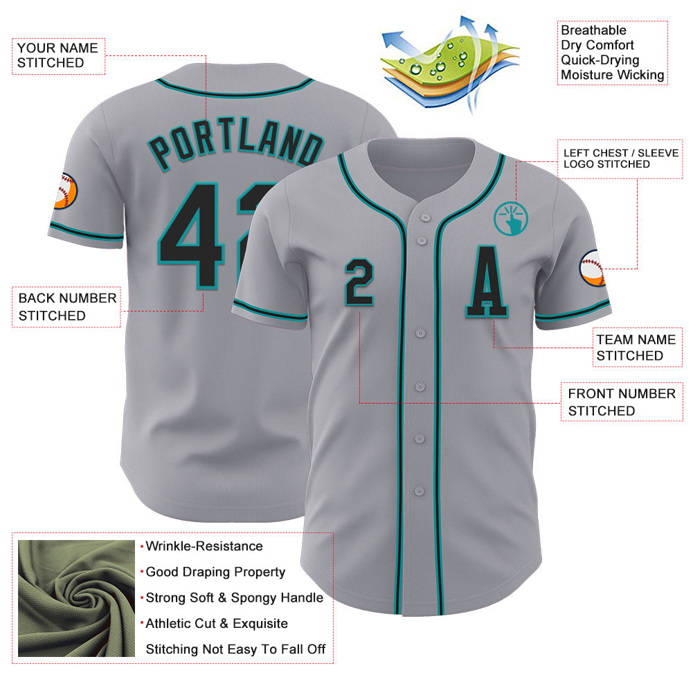 Custom Gray Black-Teal Authentic Baseball Jersey view 2