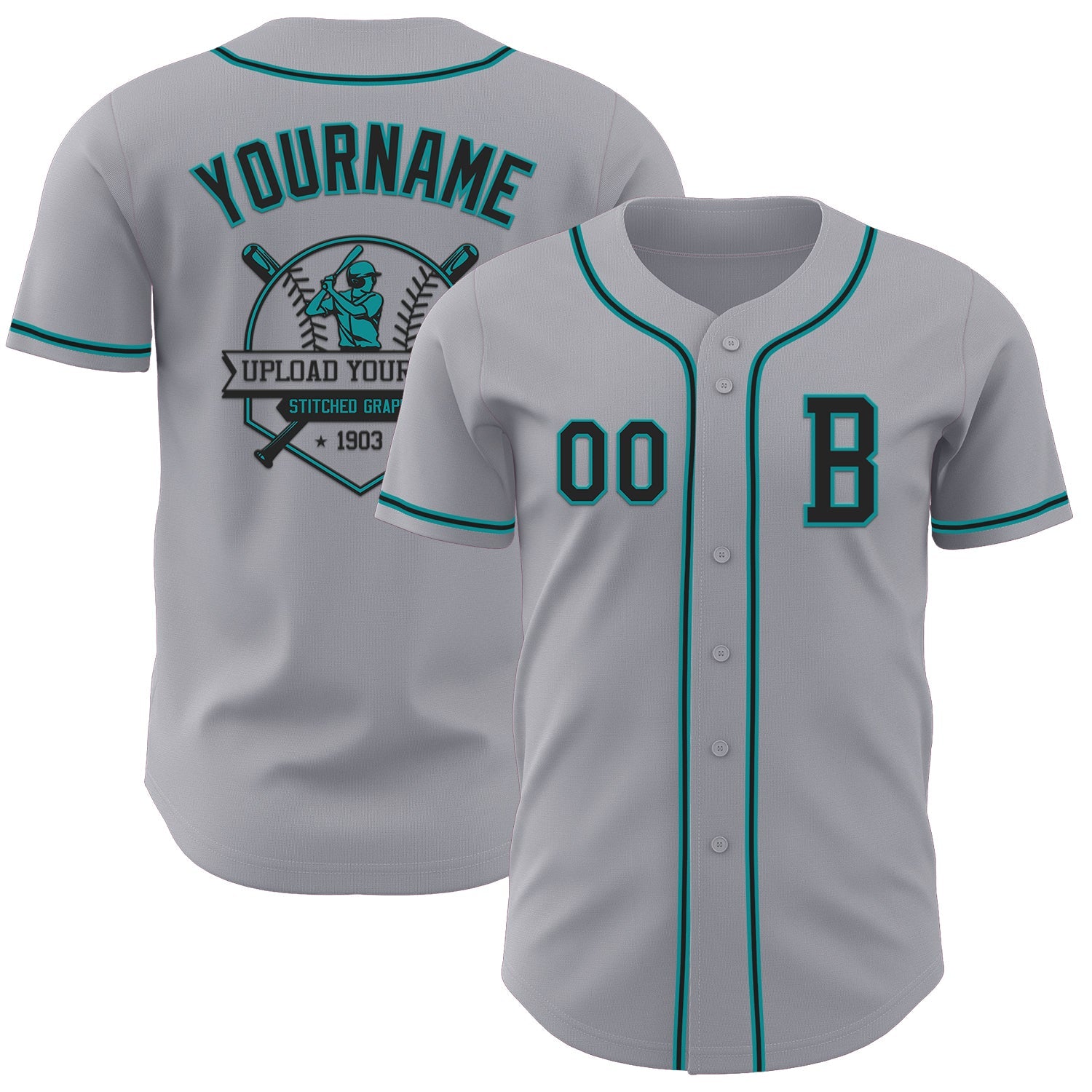 Custom Gray Black-Teal Authentic Baseball Jersey view 5