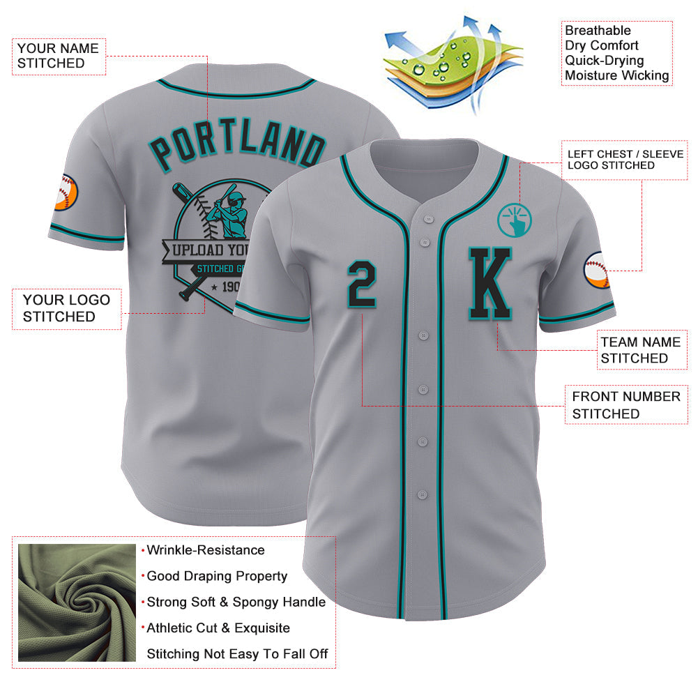 Custom Gray Black-Teal Authentic Baseball Jersey view 6