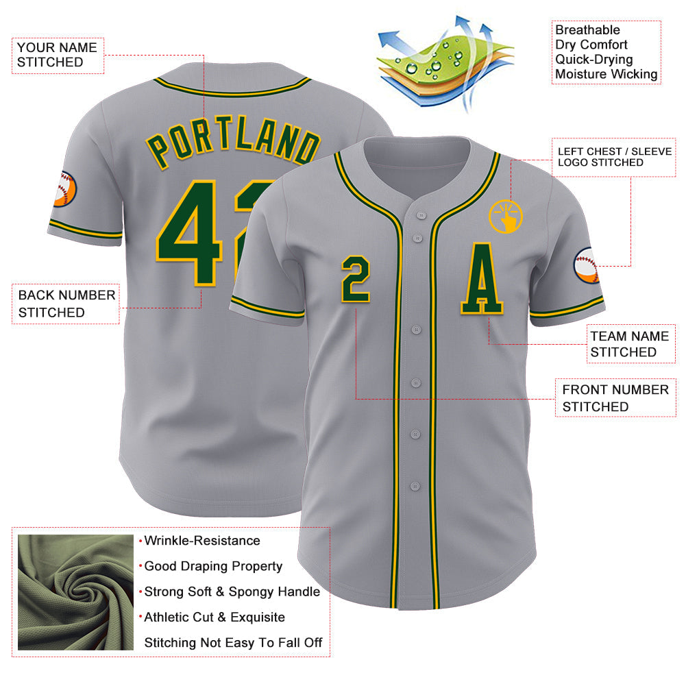 Custom Gray Green-Gold Authentic Baseball Jersey view 2
