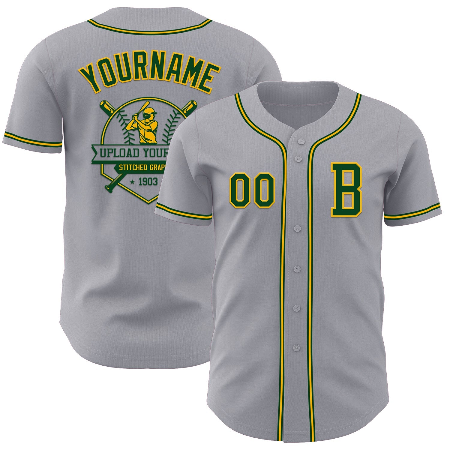 Custom Gray Green-Gold Authentic Baseball Jersey view 5