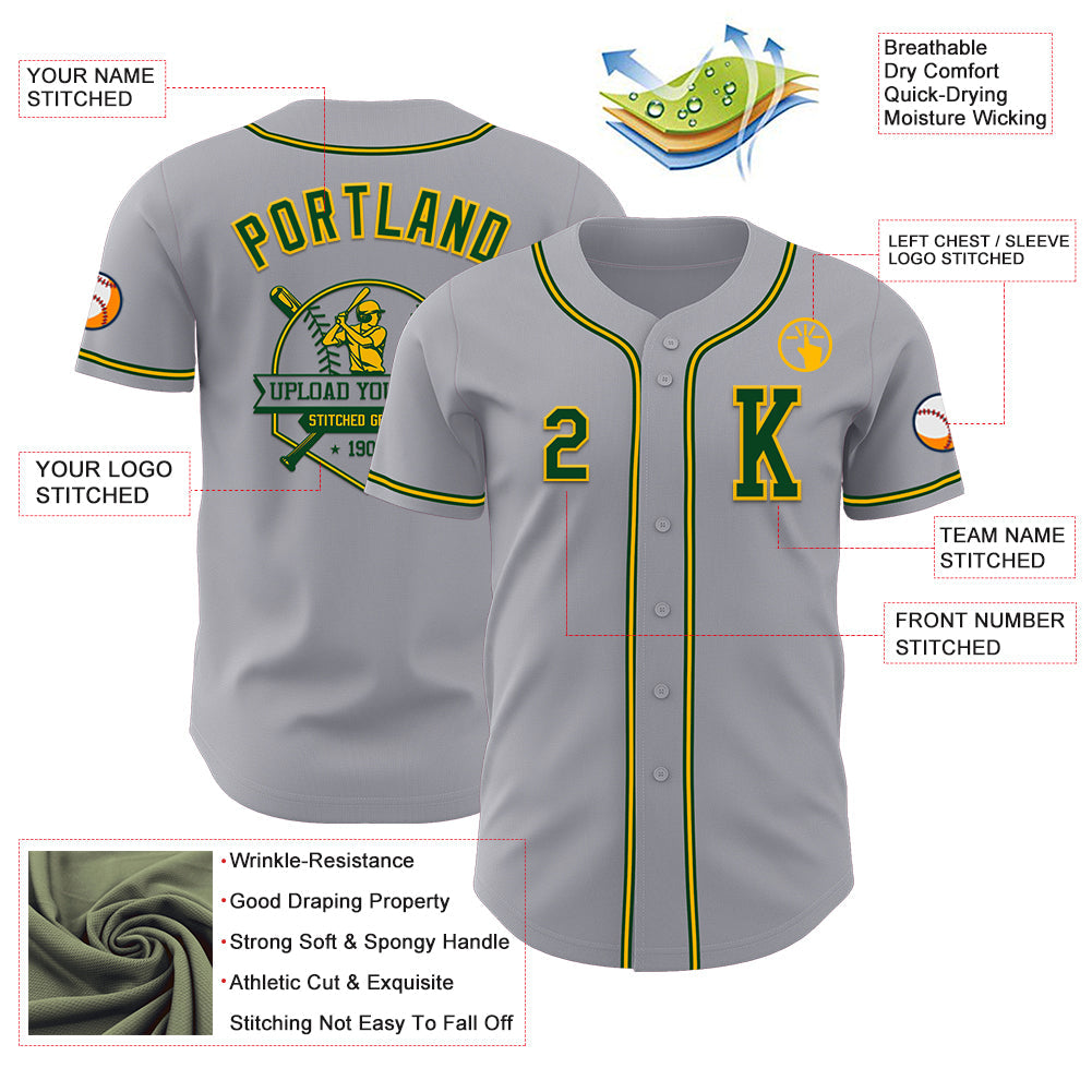 Custom Gray Green-Gold Authentic Baseball Jersey view 6