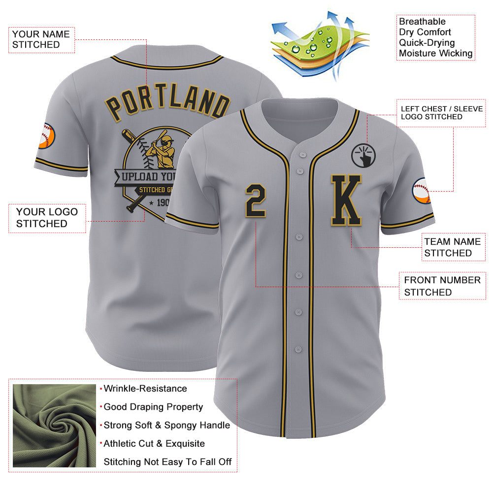 Custom Gray Black-Old Gold Authentic Baseball Jersey view 6