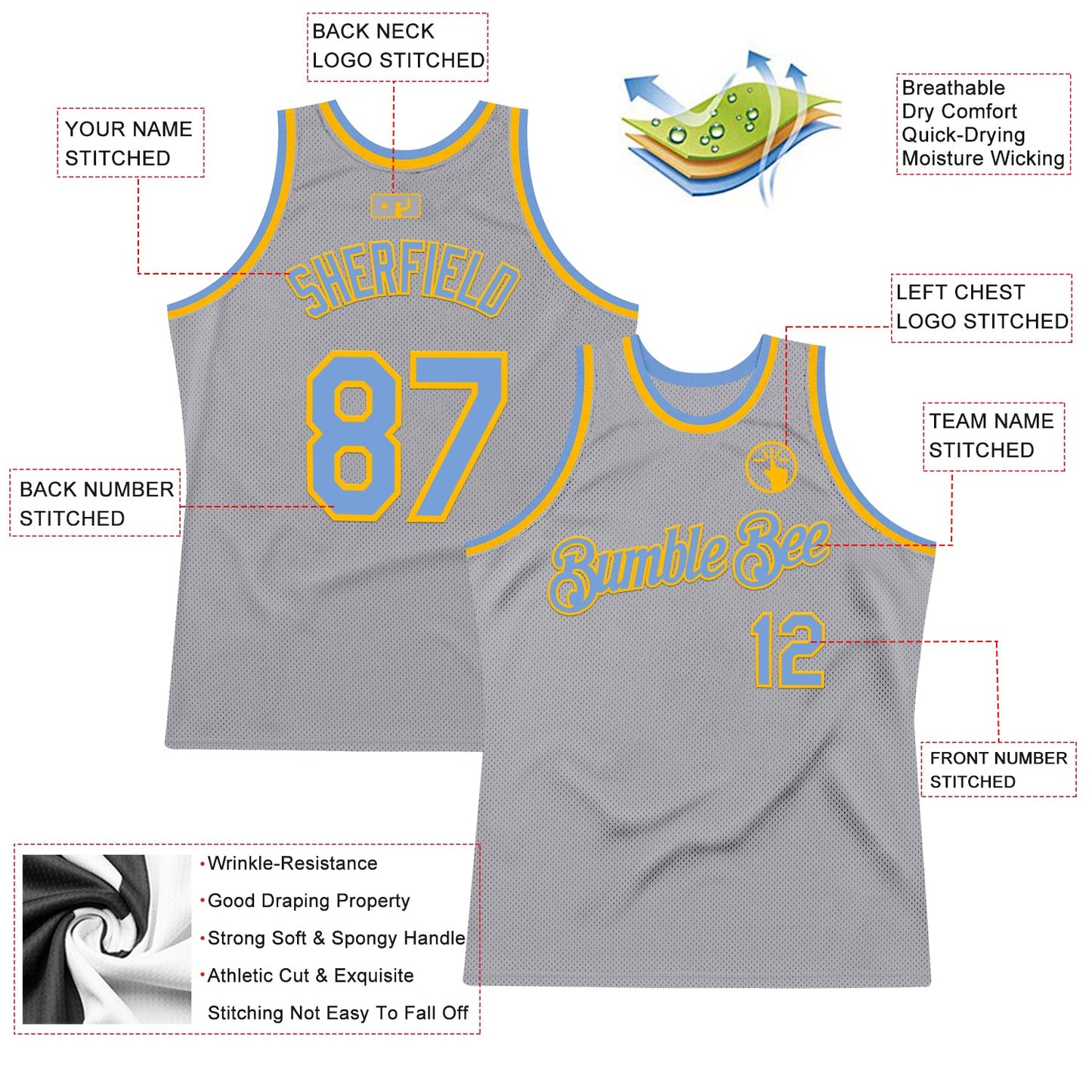 Custom Gray Light Blue-Gold Authentic Throwback Basketball Jersey view 2