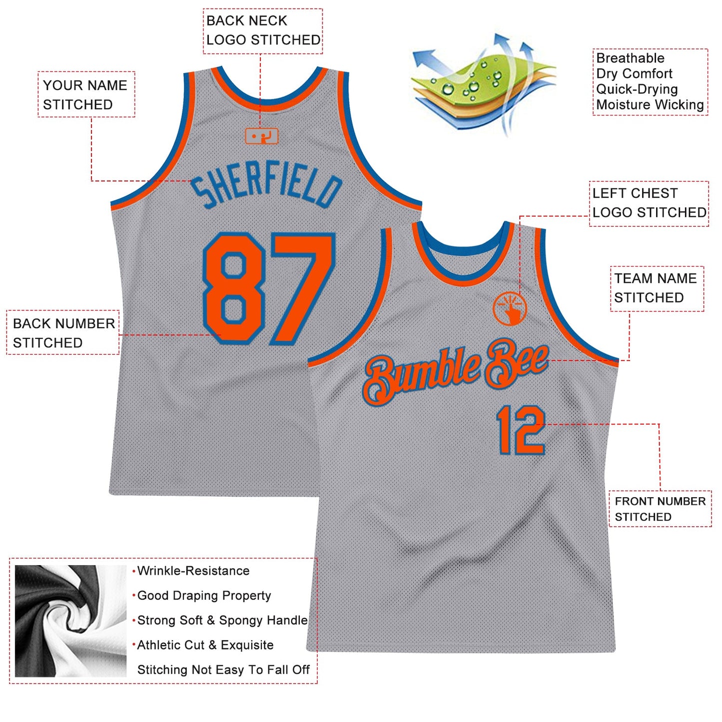 Custom Gray Orange-Light Blue Authentic Throwback Basketball Jersey view 2
