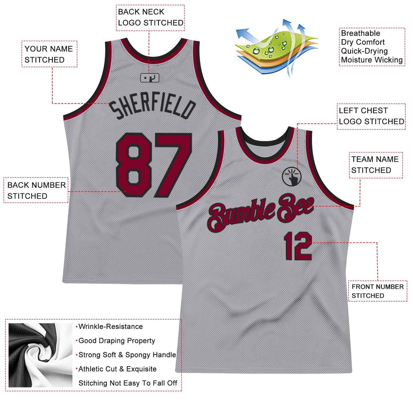 Custom Gray Maroon-Black Authentic Throwback Basketball Jersey view 2
