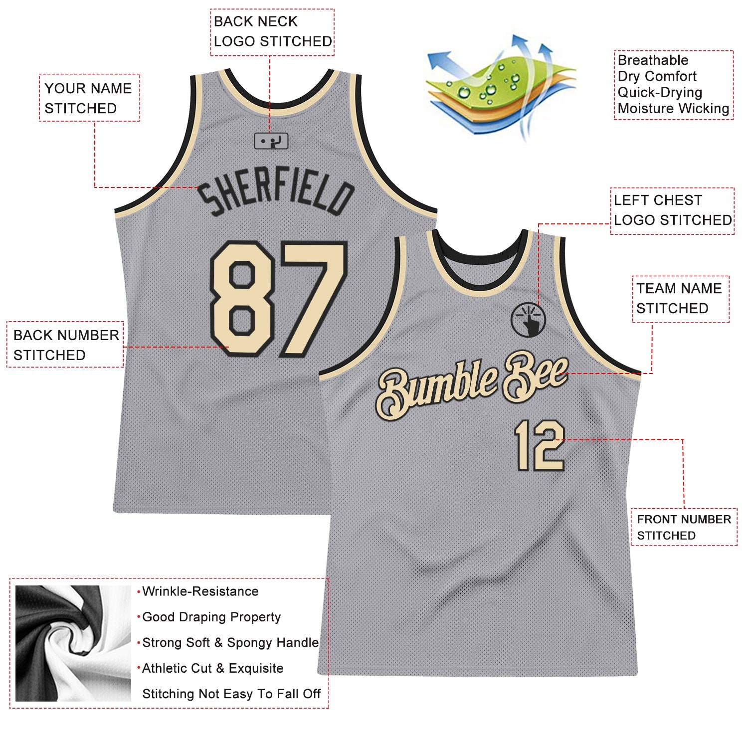 Custom Gray Cream-Black Authentic Throwback Basketball Jersey view 2