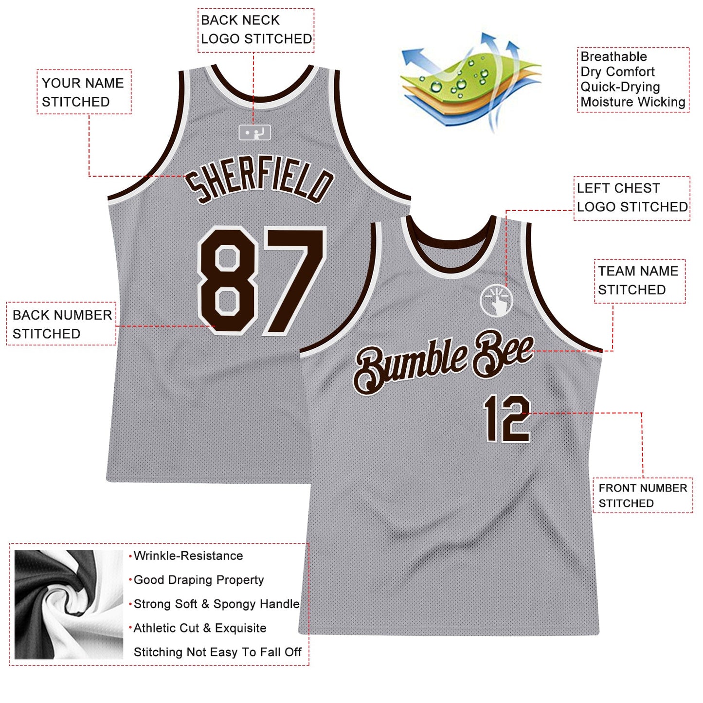 Custom Gray Brown-White Authentic Throwback Basketball Jersey view 2