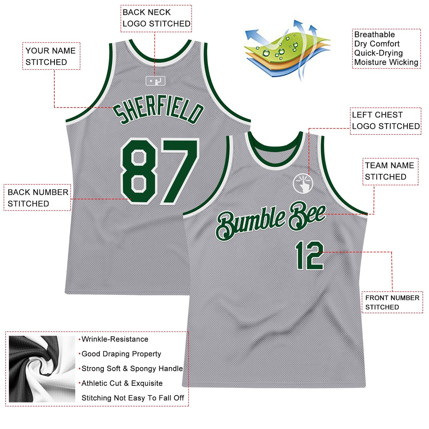 Custom Gray Green-White Authentic Throwback Basketball Jersey view 2