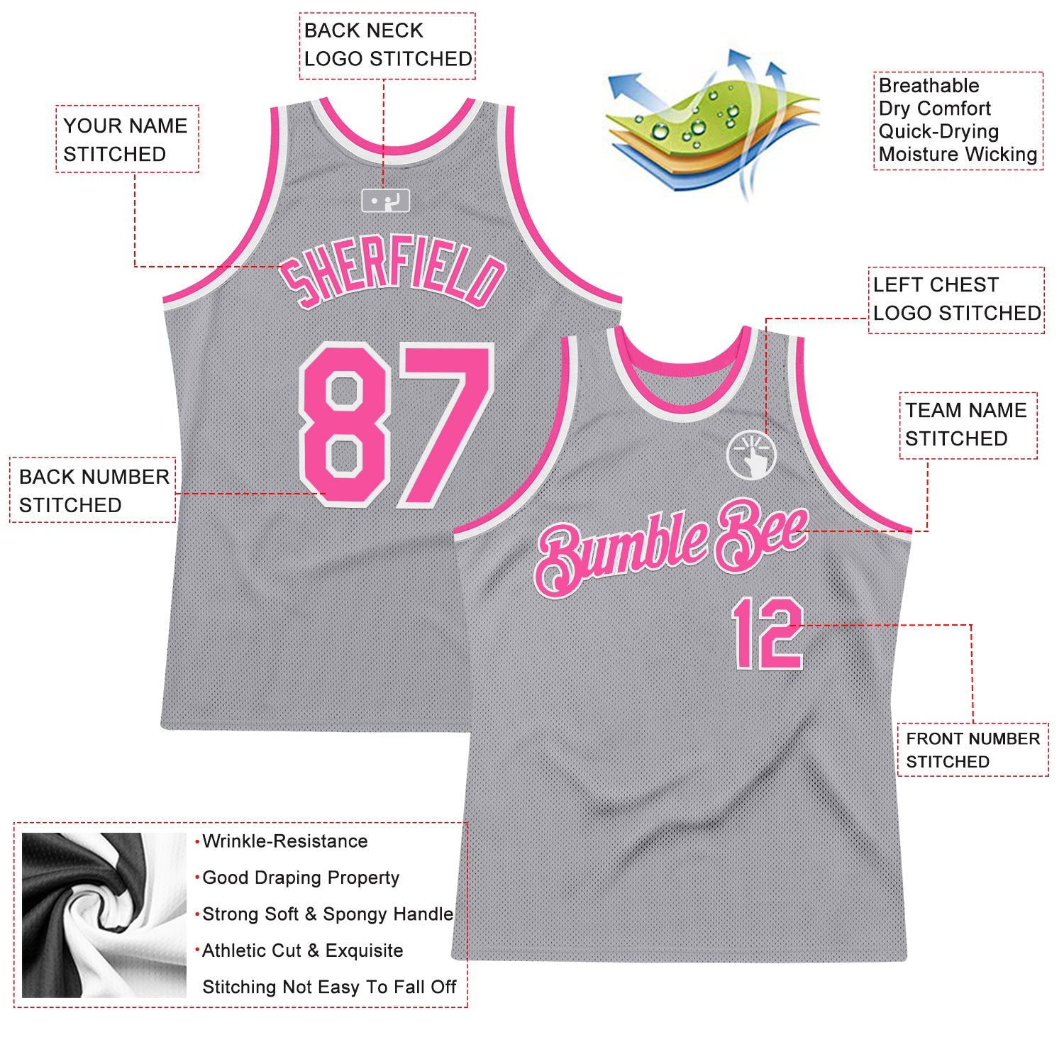 Custom Gray Pink-White Authentic Throwback Basketball Jersey view 2