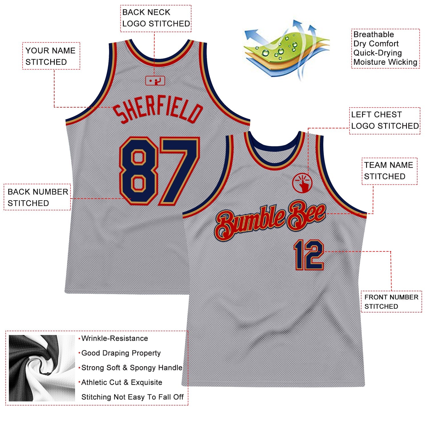 Custom Gray Navy Old Gold-Red Authentic Throwback Basketball Jersey view 2