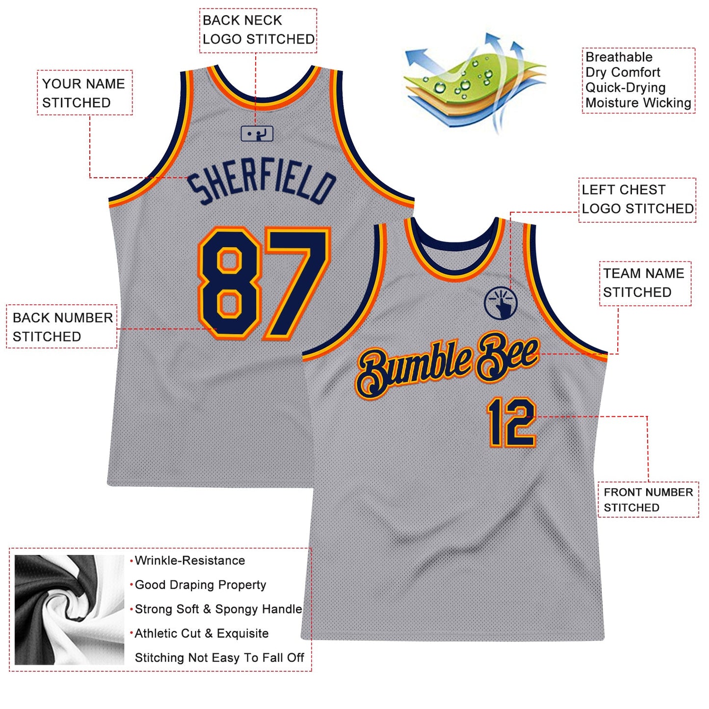 Custom Gray Navy Gold-Orange Authentic Throwback Basketball Jersey view 2