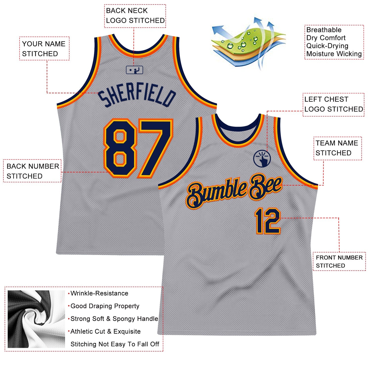 Custom Gray Navy Gold-Orange Authentic Throwback Basketball Jersey view 2