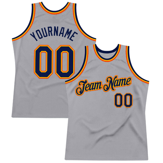 Custom Gray Navy Gold-Orange Authentic Throwback Basketball Jersey - Main View