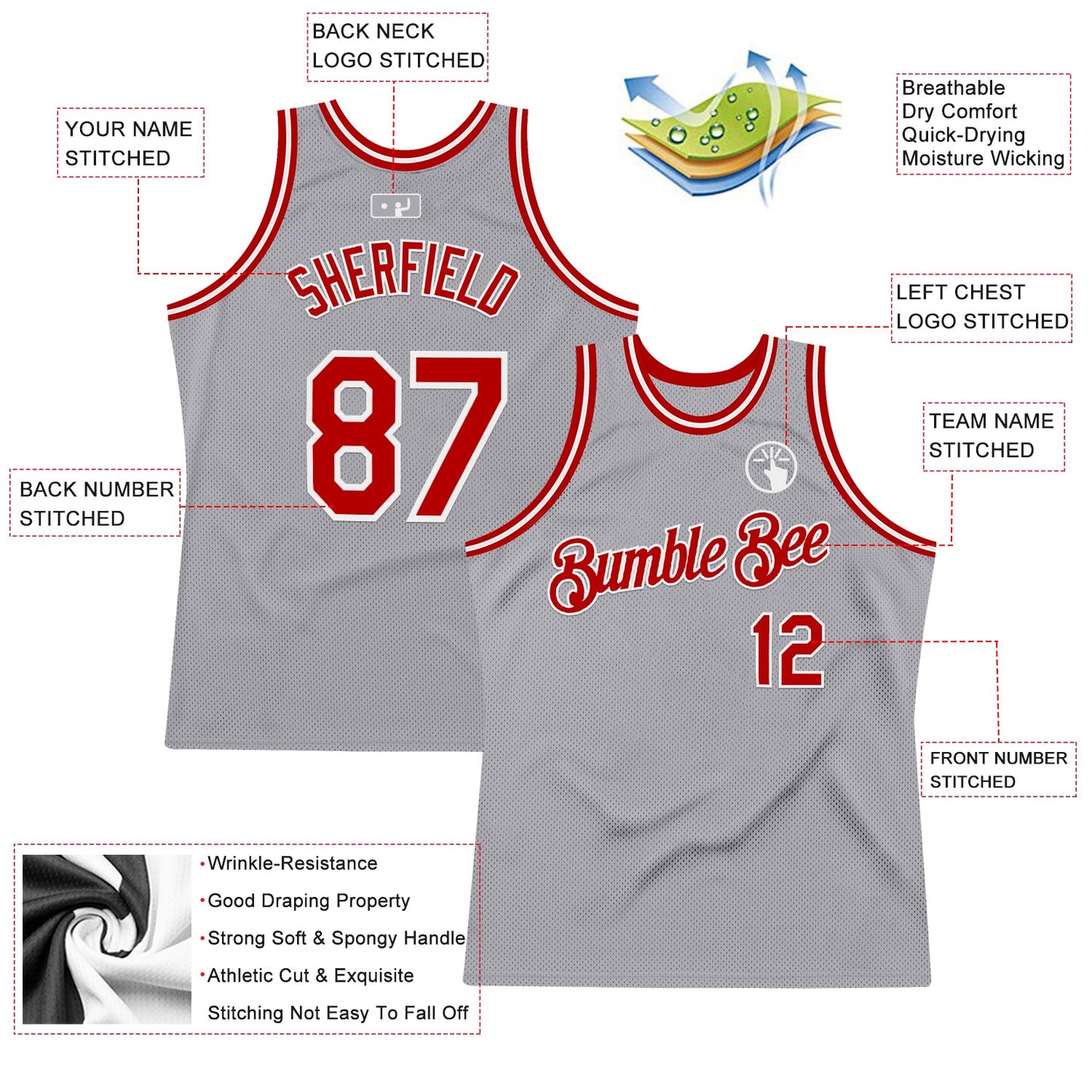 Custom Gray Red-White Authentic Throwback Basketball Jersey view 2