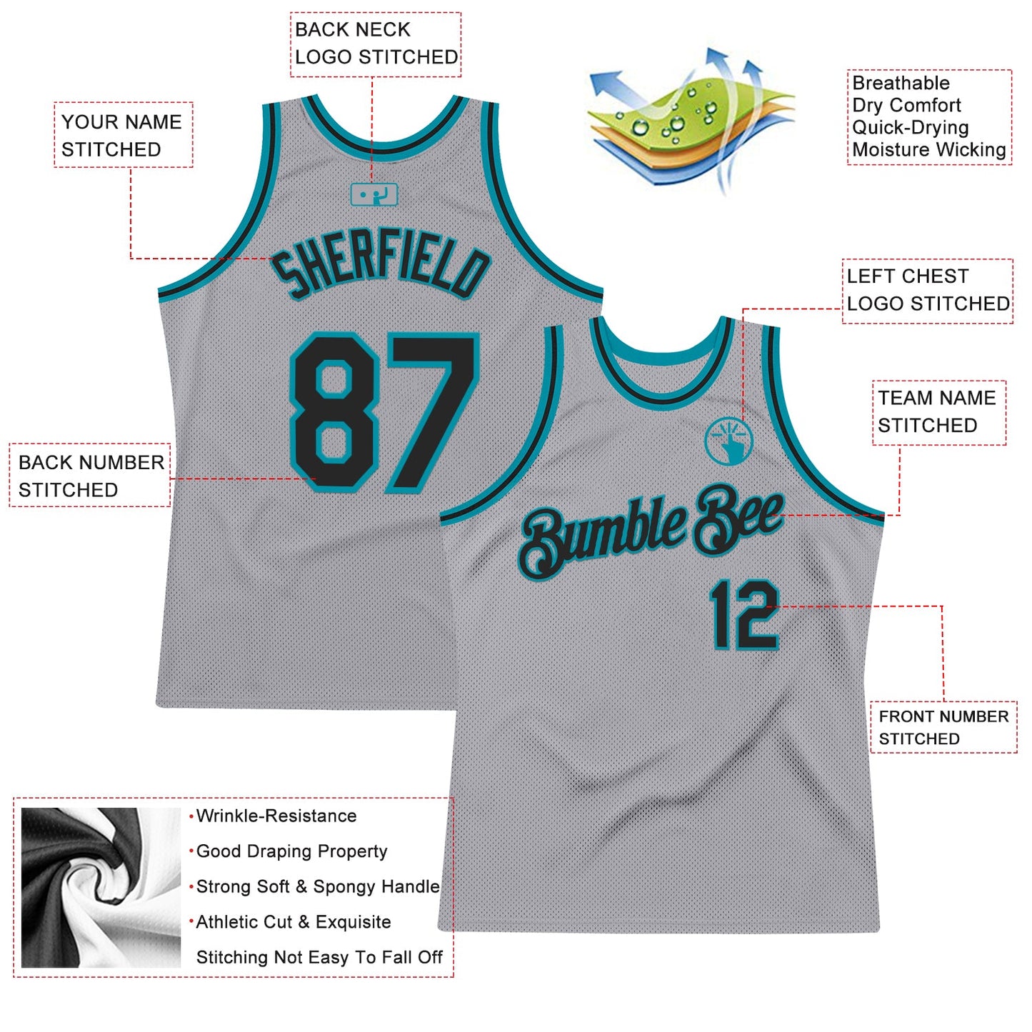 Custom Gray Black-Teal Authentic Throwback Basketball Jersey view 2