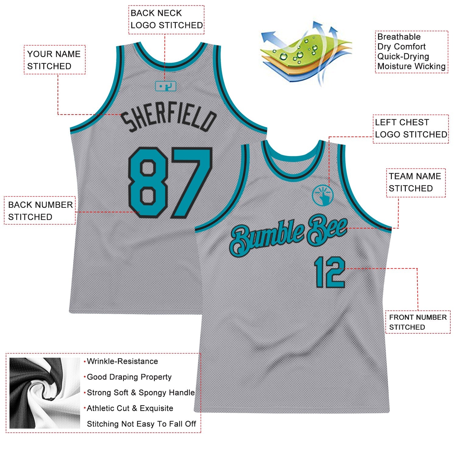 Custom Gray Teal-Black Authentic Throwback Basketball Jersey view 2