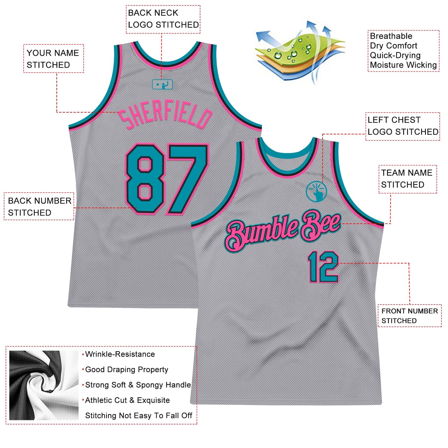 Custom Gray Teal Black-Pink Authentic Throwback Basketball Jersey view 2