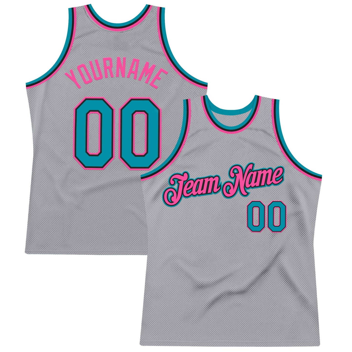 Custom Gray Teal Black-Pink Authentic Throwback Basketball Jersey - Main View