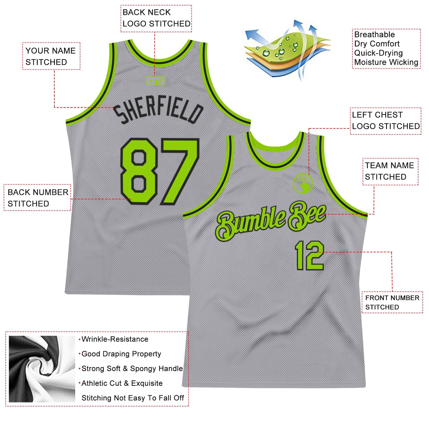 Custom Gray Neon Green-Black Authentic Throwback Basketball Jersey view 2