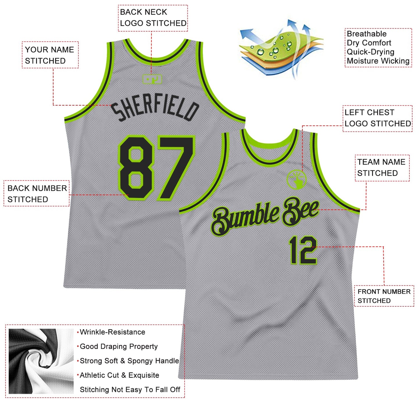 Custom Gray Black-Neon Green Authentic Throwback Basketball Jersey view 2