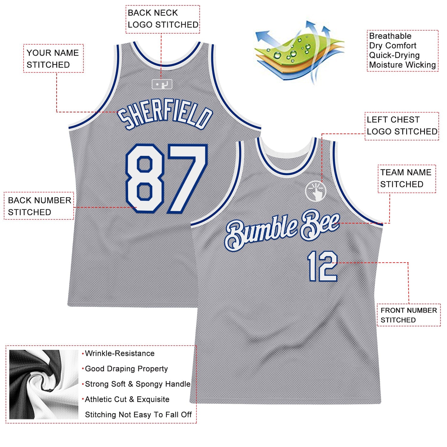 Custom Gray White-Royal Authentic Throwback Basketball Jersey view 2
