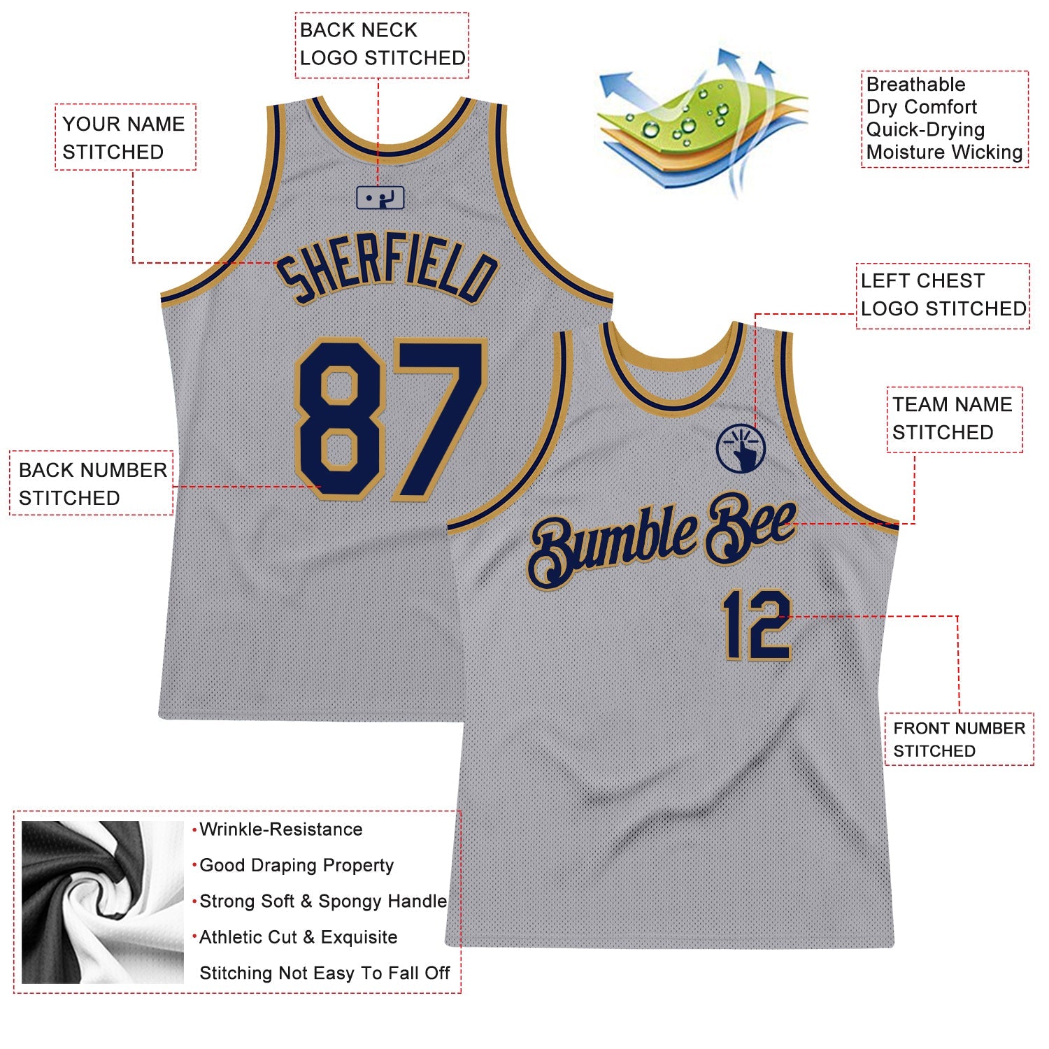 Custom Gray Navy-Old Gold Authentic Throwback Basketball Jersey view 2