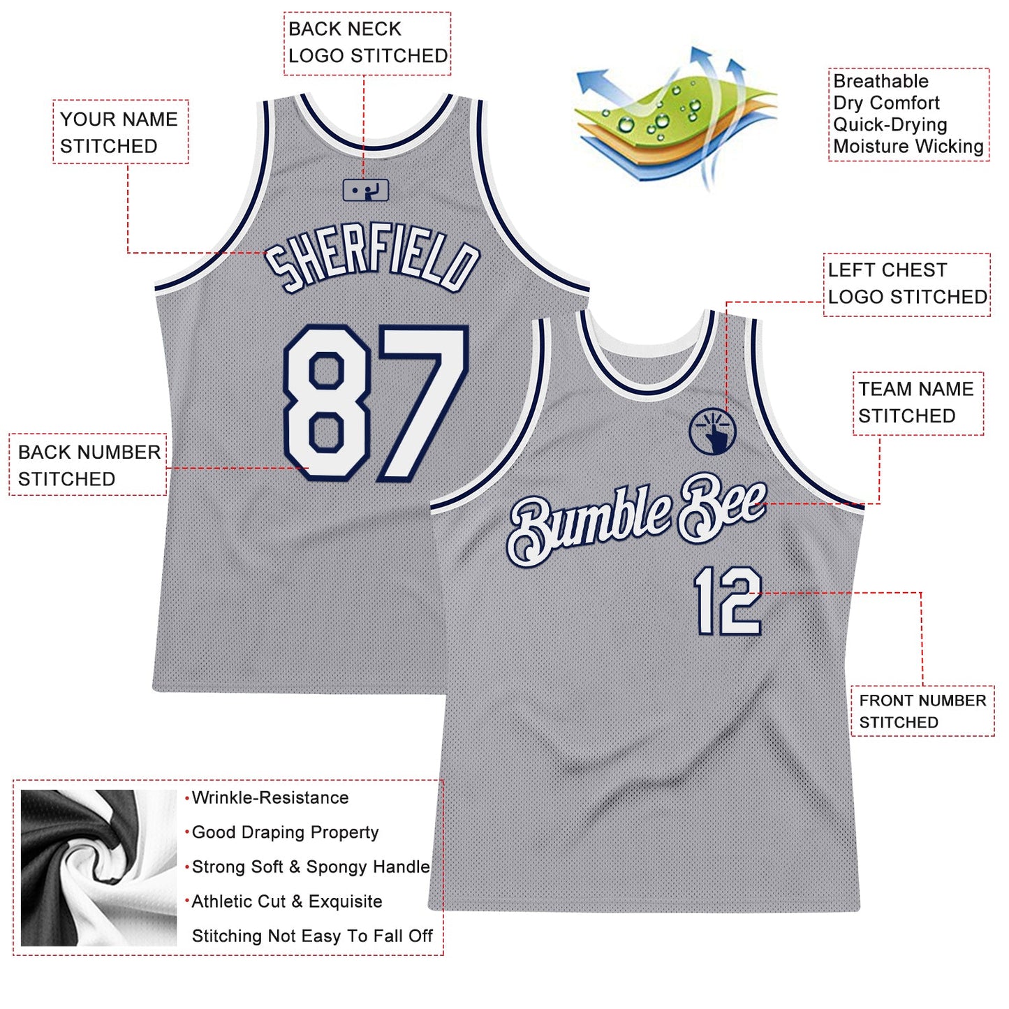 Custom Gray White-Navy Authentic Throwback Basketball Jersey view 2