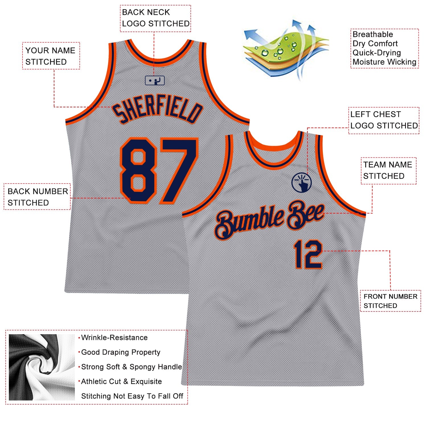 Custom Gray Navy-Orange Authentic Throwback Basketball Jersey view 2