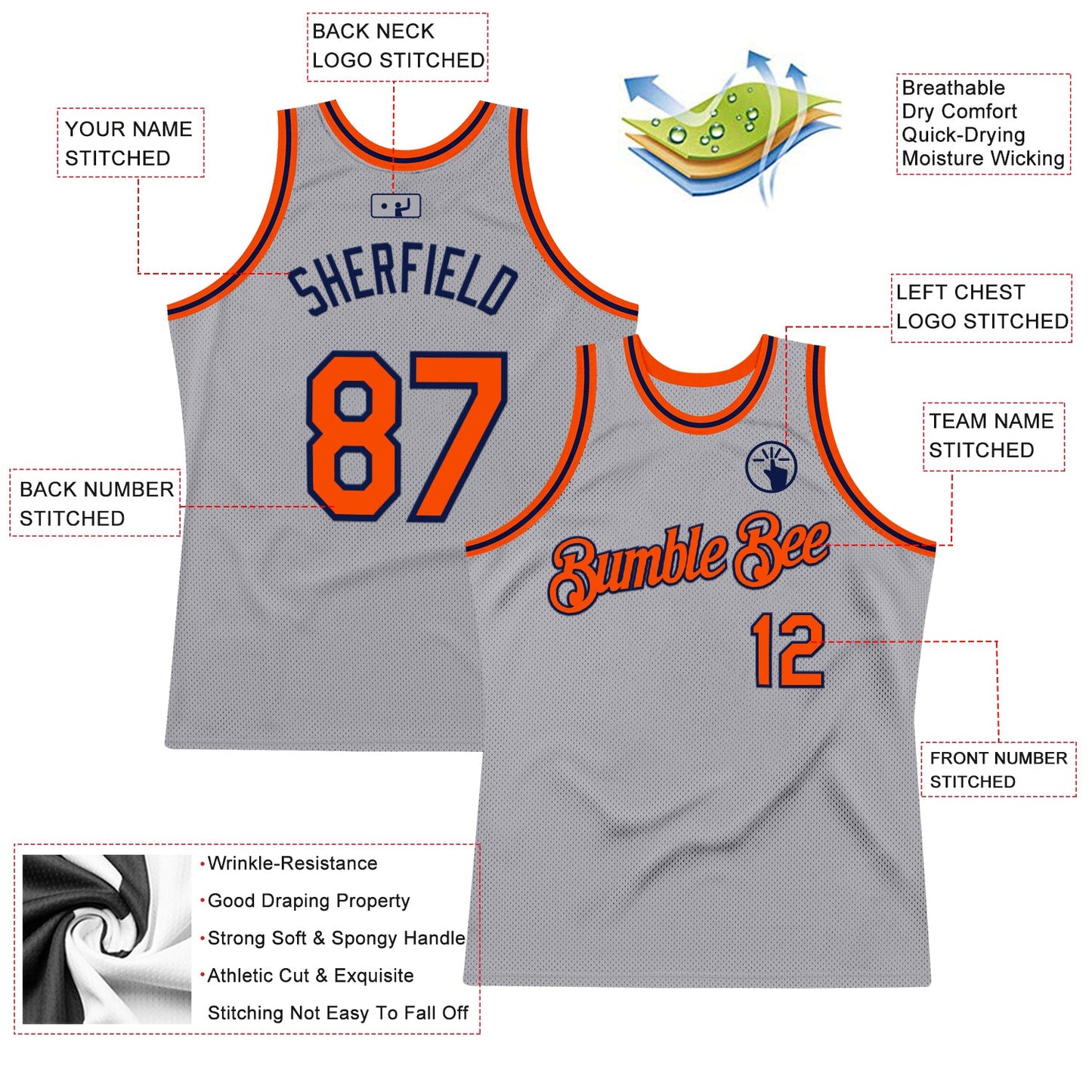 Custom Gray Orange-Navy Authentic Throwback Basketball Jersey view 2
