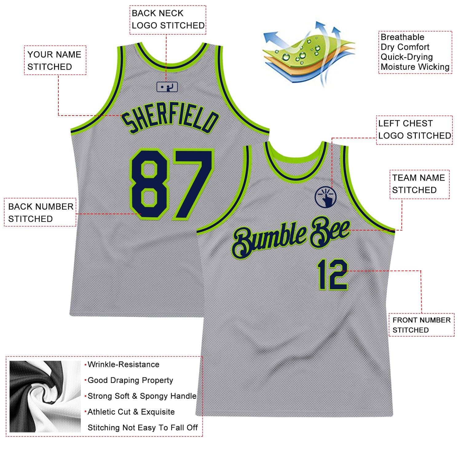 Custom Gray Navy-Neon Green Authentic Throwback Basketball Jersey view 2