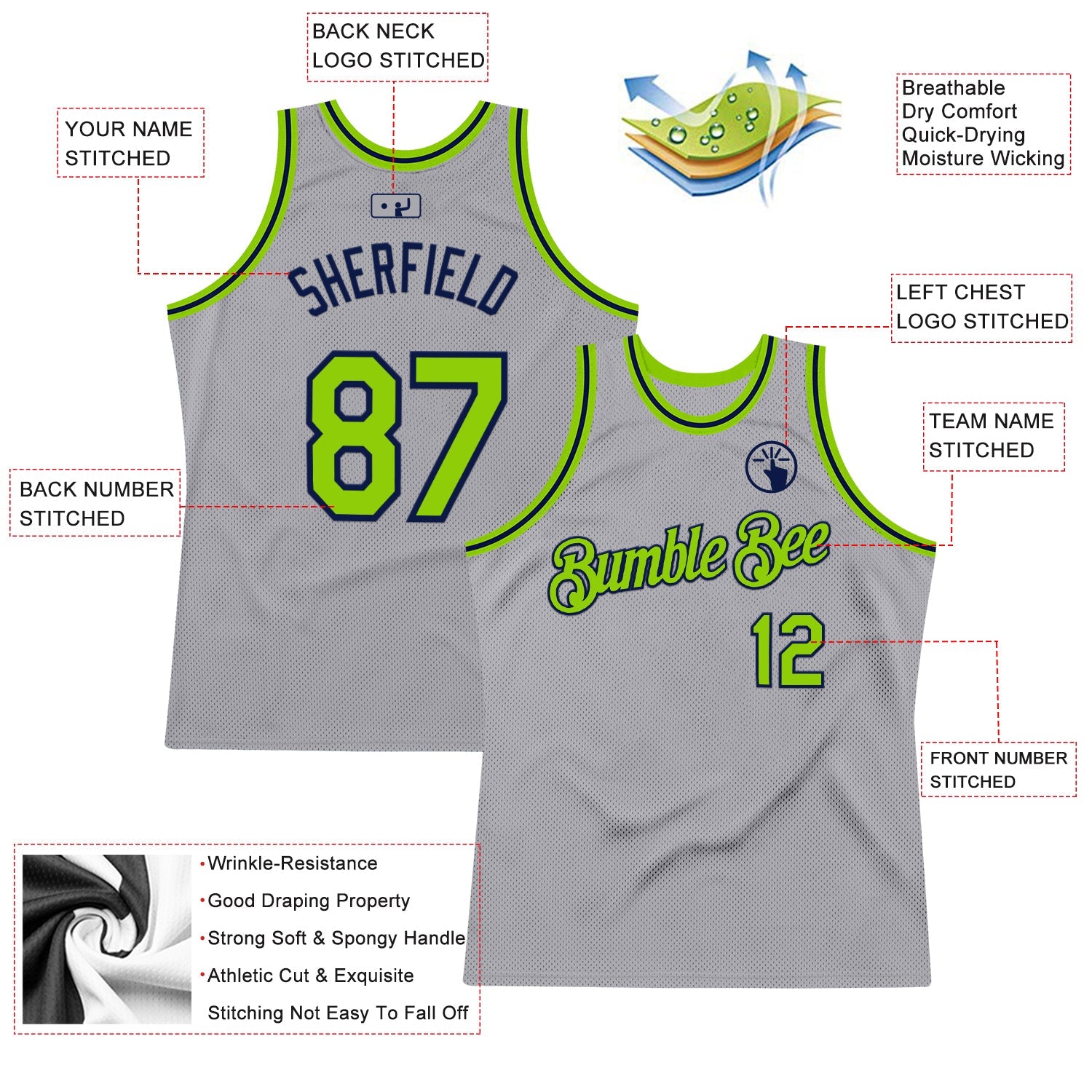 Custom Gray Neon Green-Navy Authentic Throwback Basketball Jersey view 2