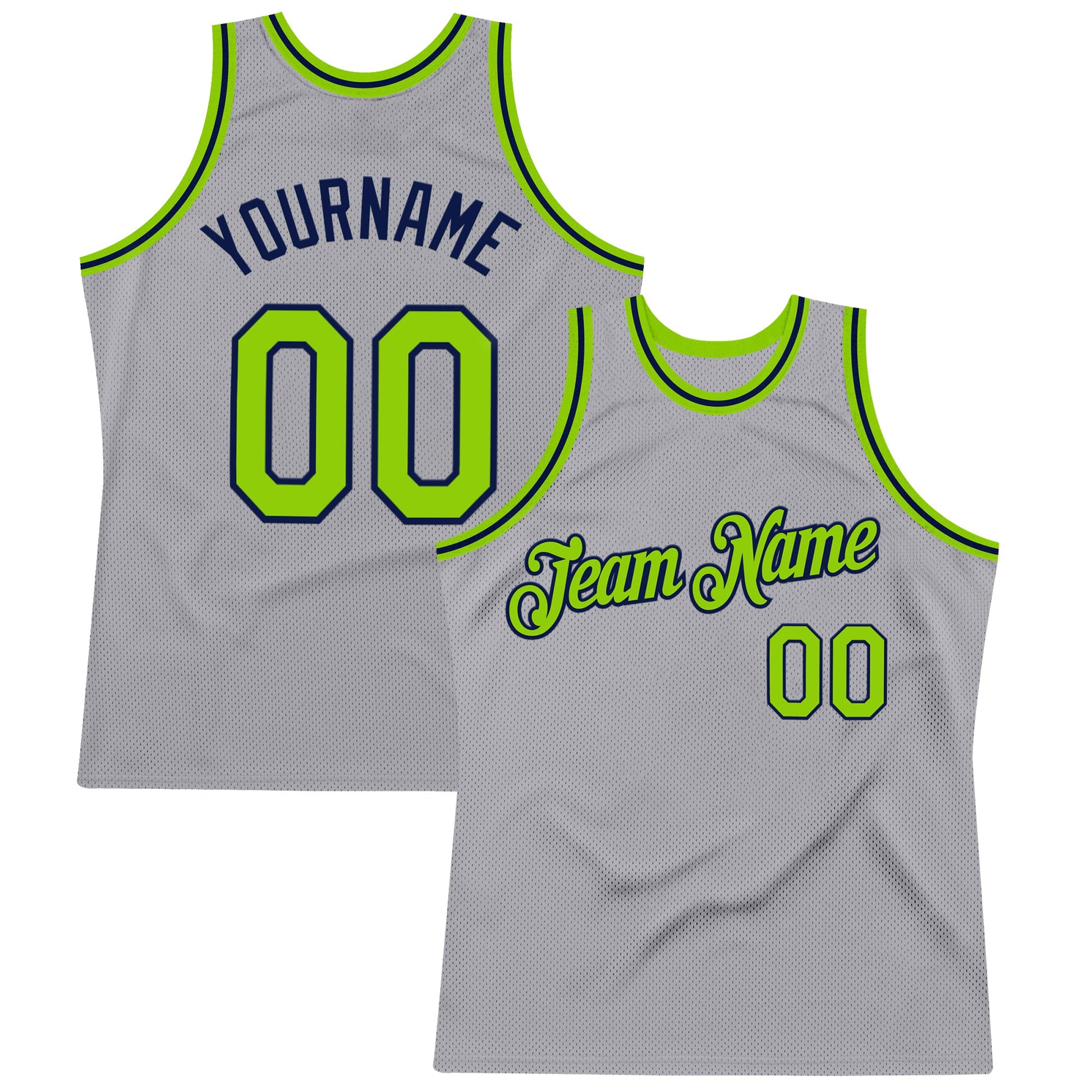 Custom Gray Neon Green-Navy Authentic Throwback Basketball Jersey - Main View